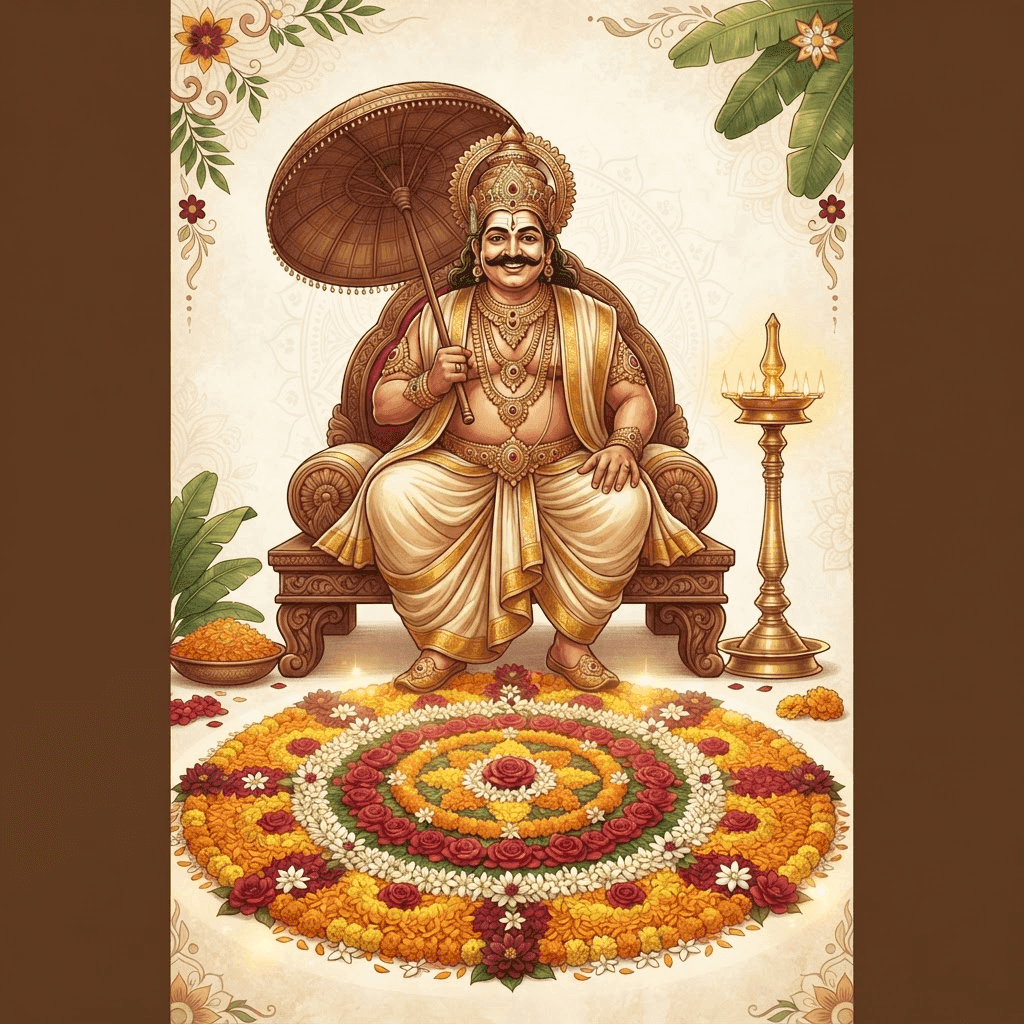Illustration of King Mahabali with a Pookkalam, traditional lamp and flowers celebrating Onam